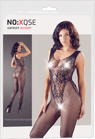 Catsuit ouvert, aus Netz, mit eingewebtem Body in Spitzenoptik S-L