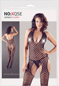 Catsuit plus string en dentelle, avec larges découpes, aspect rayé S-L